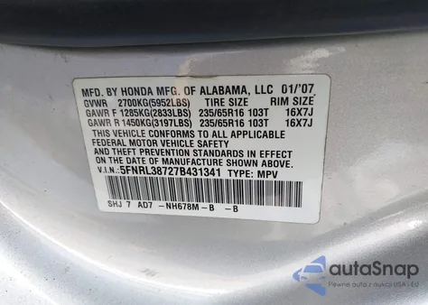 2007 Honda Odyssey Ex-L from USA, damaged, VIN 5FNRL38727B431341